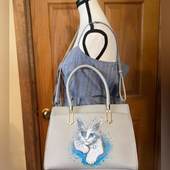 Cat Hand Painted Vegan LaTerre brand Convertible Shoulder Bag NWT